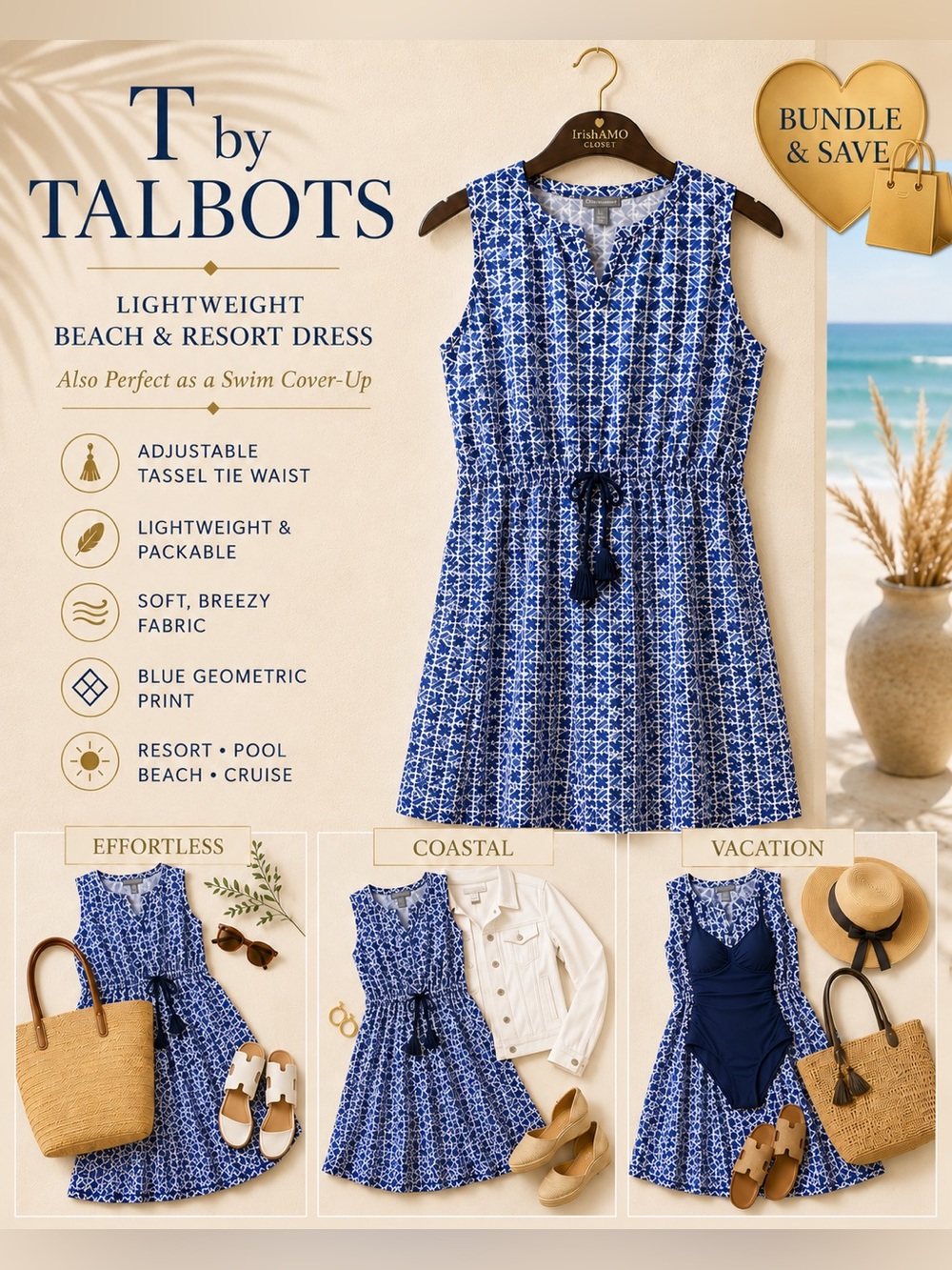Talbots Blue & White Geometric Beach Dress | Resort Dress | Swim Cover-Up | XL